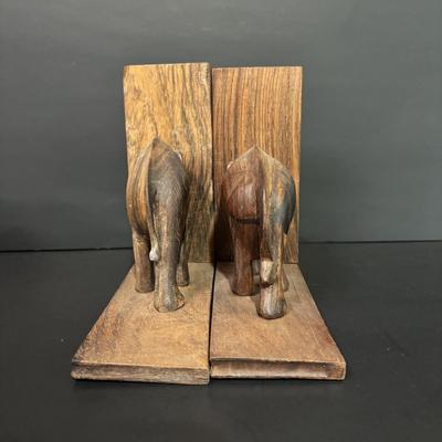 LOT 93: Wooden Carved Elephant Books Ends & Metal Elephant Figure