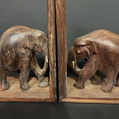LOT 93: Wooden Carved Elephant Books Ends & Metal Elephant Figure