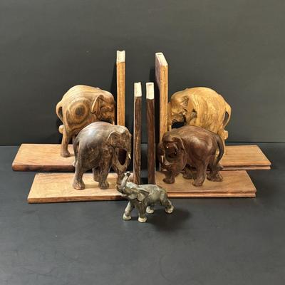 LOT 93: Wooden Carved Elephant Books Ends & Metal Elephant Figure