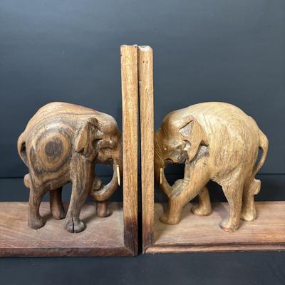 LOT 93: Wooden Carved Elephant Books Ends & Metal Elephant Figure
