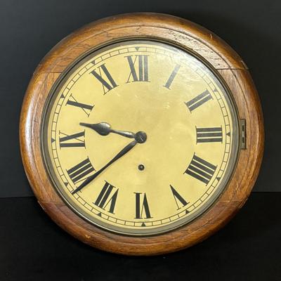 LOT 98: Made in England 16" Round Oak Wall Clock, British Jerome Movements