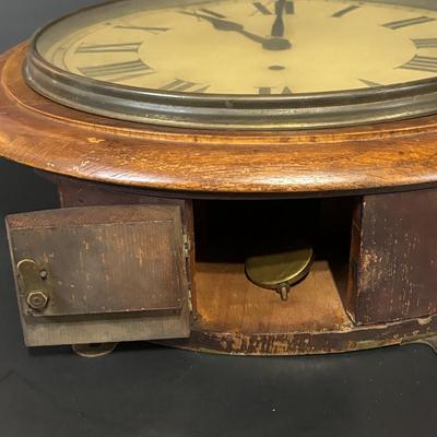 LOT 98: Made in England 16" Round Oak Wall Clock, British Jerome Movements