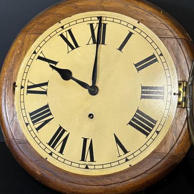 LOT 98: Made in England 16" Round Oak Wall Clock, British Jerome Movements