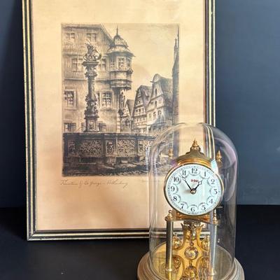LOT 103: Vintage Print Fountain of St. George in Rothenburg ob. der Tauber, Germany & De Bruce Anniversary Clock