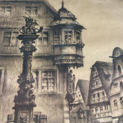 LOT 103: Vintage Print Fountain of St. George in Rothenburg ob. der Tauber, Germany & De Bruce Anniversary Clock