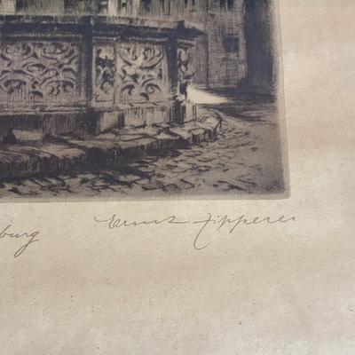 LOT 103: Vintage Print Fountain of St. George in Rothenburg ob. der Tauber, Germany & De Bruce Anniversary Clock