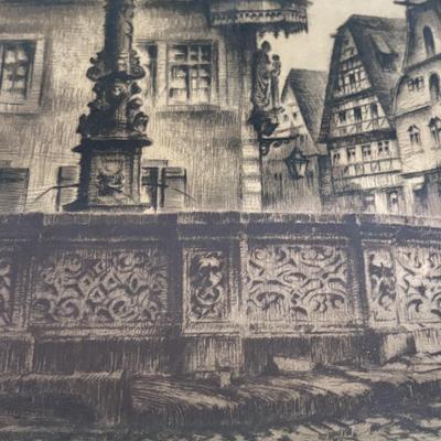 LOT 103: Vintage Print Fountain of St. George in Rothenburg ob. der Tauber, Germany & De Bruce Anniversary Clock