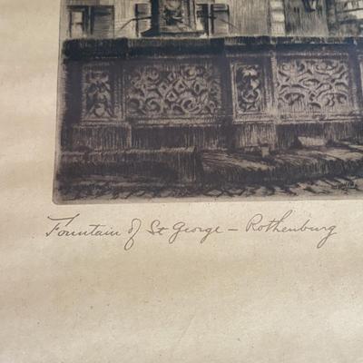 LOT 103: Vintage Print Fountain of St. George in Rothenburg ob. der Tauber, Germany & De Bruce Anniversary Clock