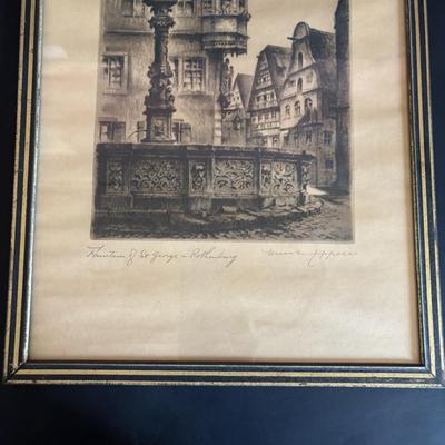 LOT 103: Vintage Print Fountain of St. George in Rothenburg ob. der Tauber, Germany & De Bruce Anniversary Clock