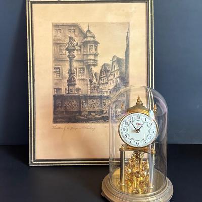 LOT 103: Vintage Print Fountain of St. George in Rothenburg ob. der Tauber, Germany & De Bruce Anniversary Clock