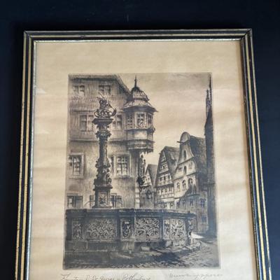 LOT 103: Vintage Print Fountain of St. George in Rothenburg ob. der Tauber, Germany & De Bruce Anniversary Clock