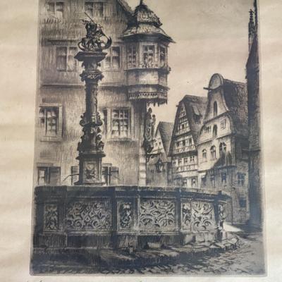 LOT 103: Vintage Print Fountain of St. George in Rothenburg ob. der Tauber, Germany & De Bruce Anniversary Clock