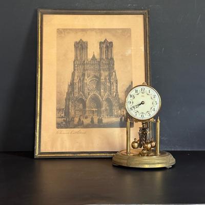 LOT 105: Vintage Print of Rheims Cathedral & Kundo Anniversary Clock