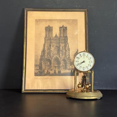 LOT 105: Vintage Print of Rheims Cathedral & Kundo Anniversary Clock