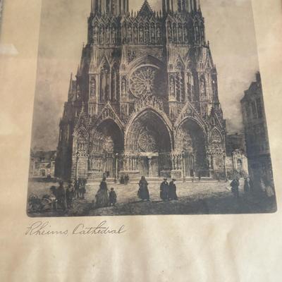 LOT 105: Vintage Print of Rheims Cathedral & Kundo Anniversary Clock