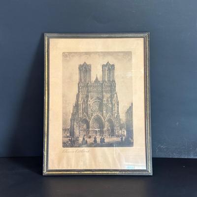 LOT 105: Vintage Print of Rheims Cathedral & Kundo Anniversary Clock