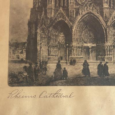 LOT 105: Vintage Print of Rheims Cathedral & Kundo Anniversary Clock