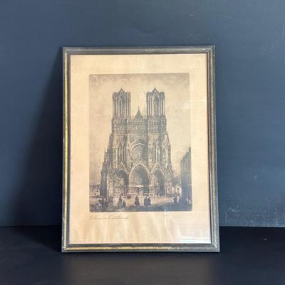 LOT 105: Vintage Print of Rheims Cathedral & Kundo Anniversary Clock