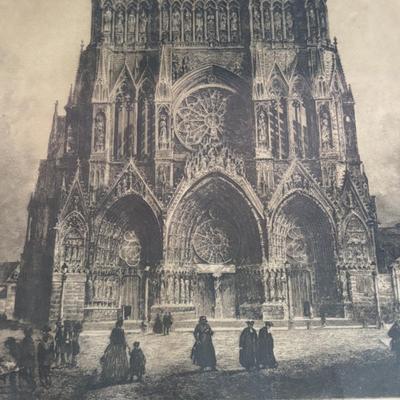 LOT 105: Vintage Print of Rheims Cathedral & Kundo Anniversary Clock