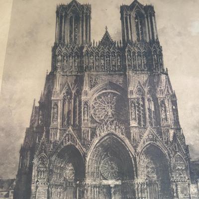 LOT 105: Vintage Print of Rheims Cathedral & Kundo Anniversary Clock