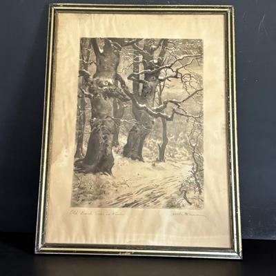 LOT 106: Vintage Print of "Old Beech Trees in Winter" & Schatz Anniversary Clock