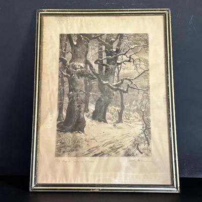 LOT 106: Vintage Print of "Old Beech Trees in Winter" & Schatz Anniversary Clock