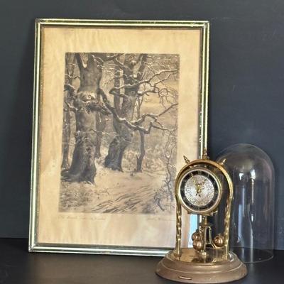 LOT 106: Vintage Print of "Old Beech Trees in Winter" & Schatz Anniversary Clock