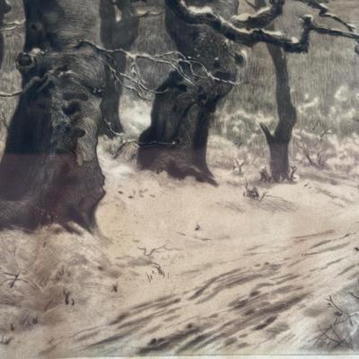 LOT 106: Vintage Print of "Old Beech Trees in Winter" & Schatz Anniversary Clock