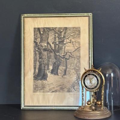 LOT 106: Vintage Print of "Old Beech Trees in Winter" & Schatz Anniversary Clock