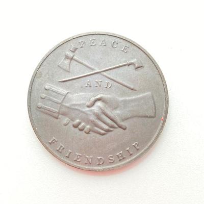LOT 111: Five Bronze Presidential Medals / Tokens - George Washington with Wooden Stand and Three Abraham Lincoln and More