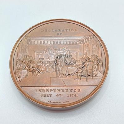 LOT 111: Five Bronze Presidential Medals / Tokens - George Washington with Wooden Stand and Three Abraham Lincoln and More