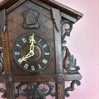 LOT 141: Vintage Cuckoo Clock with Inlay Details & Intricated Carvings