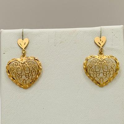 LOT 152: Yellow Gold Pierced Dangle Heart Shaped Earrings 1.2 g 14k Gold Marked on Post