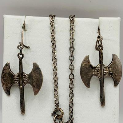 LOT 153: Sterling Silver 7” Charm Bracelet with Bear Charm and Pair of Pierced Battle Axe Earrings Marked 925 11.1 G