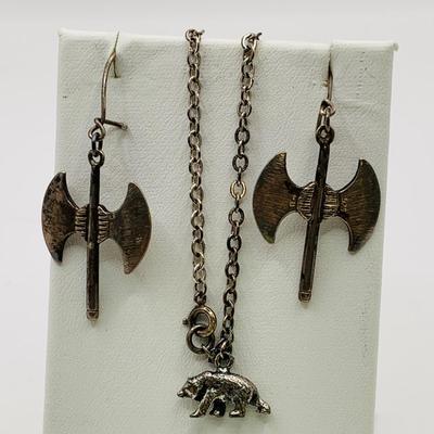LOT 153: Sterling Silver 7” Charm Bracelet with Bear Charm and Pair of Pierced Battle Axe Earrings Marked 925 11.1 G
