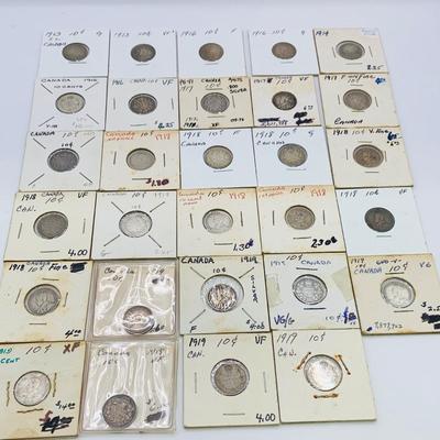 LOT 171: Collection of Canadian Silver Dimes 1913 -1919 Silver 92,5%