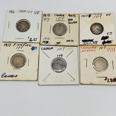 LOT 171: Collection of Canadian Silver Dimes 1913 -1919 Silver 92,5%