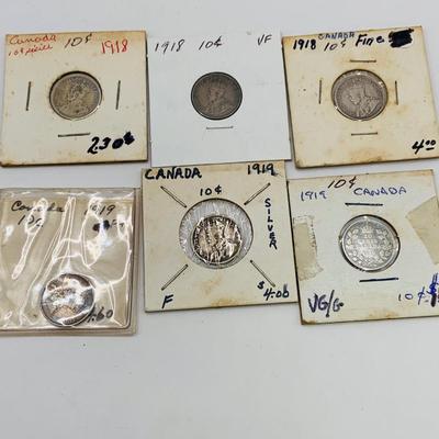 LOT 171: Collection of Canadian Silver Dimes 1913 -1919 Silver 92,5%