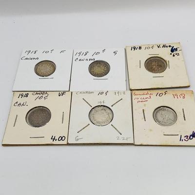 LOT 171: Collection of Canadian Silver Dimes 1913 -1919 Silver 92,5%