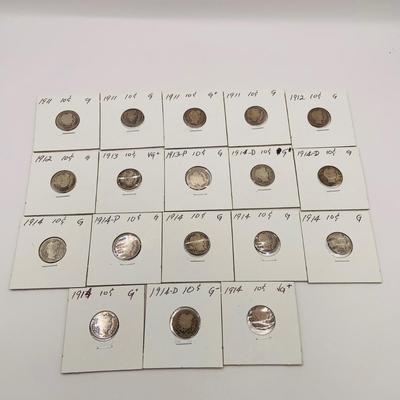 LOT 184: Collection of 18 Barber Dimes 1911 - 1914
