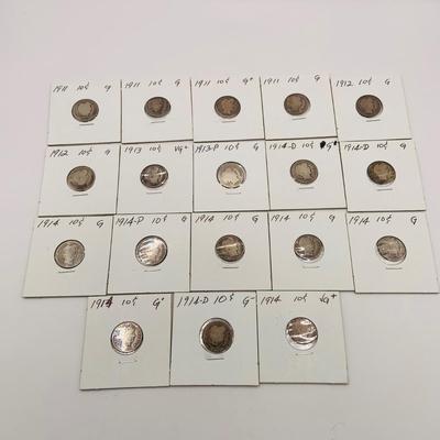 LOT 184: Collection of 18 Barber Dimes 1911 - 1914