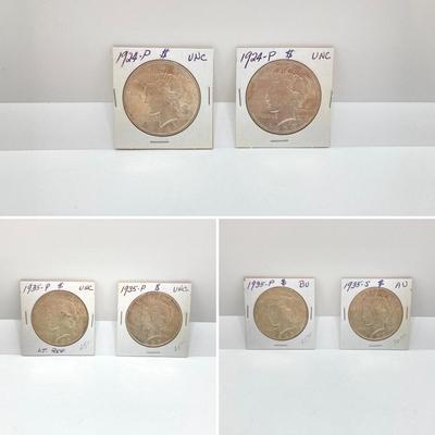 LOT 244: Collection of Six U.S. Silver Peace Dollar Coins - Dated 1924 and 1935