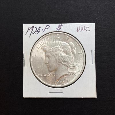 LOT 244: Collection of Six U.S. Silver Peace Dollar Coins - Dated 1924 and 1935