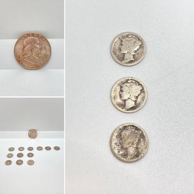 LOT 250: Silver U.S. Coins - (1) 1951 Benjamin Franklin Half Dollar Coin and (12) Mercury Dimes Dated 1916 to 1943