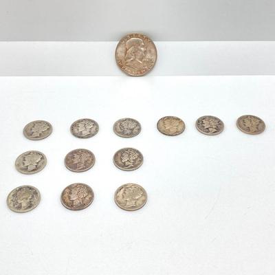 LOT 250: Silver U.S. Coins - (1) 1951 Benjamin Franklin Half Dollar Coin and (12) Mercury Dimes Dated 1916 to 1943
