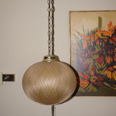 MCM PAIR OF HANGING BUBBLE LAMPS/ TWINE WOVEN EFFECT FABRIC W/ BRASS HARDWARE