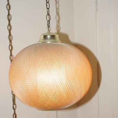 MCM PAIR OF HANGING BUBBLE LAMPS/ TWINE WOVEN EFFECT FABRIC W/ BRASS HARDWARE