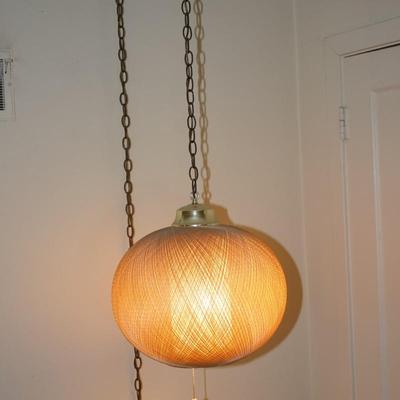 MCM PAIR OF HANGING BUBBLE LAMPS/ TWINE WOVEN EFFECT FABRIC W/ BRASS HARDWARE
