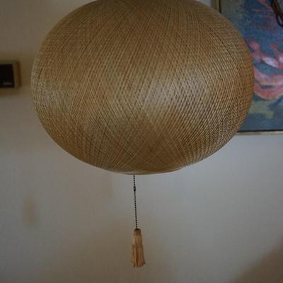 MCM PAIR OF HANGING BUBBLE LAMPS/ TWINE WOVEN EFFECT FABRIC W/ BRASS HARDWARE