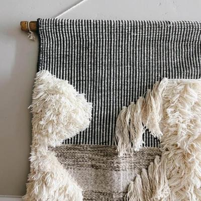 Ivory, Gray & Mustard Yellow Geometric Woven Yarn & Sequin Wall Hanging Home Decor